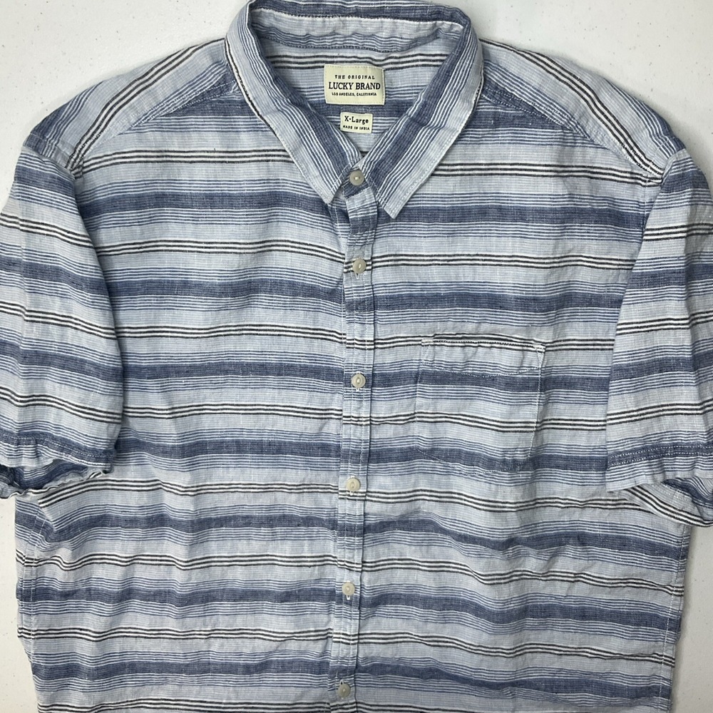 Lucky Brand Mens XL 100% Linen Shirt Short Sleeve‎ Blue Striped Button Down